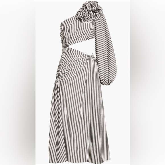 NWT Carolina Herrera Striped Rosette One-Shoulder Cutout Midi Dress - Picture 5 of 14